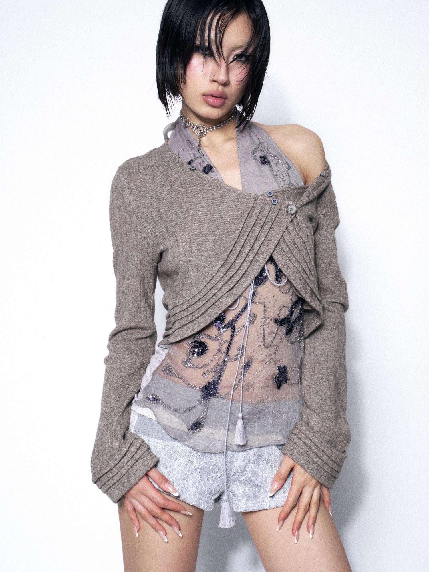 OPEN AESTHETIC Gray Detachable Fur Collar Slim Fit Cropped Women&