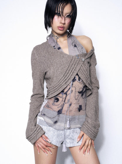 OPEN AESTHETIC Gray Detachable Fur Collar Slim Fit Cropped Women&