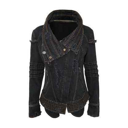 OPEN_AESTHETIC_Hand_Distressed_Black_Denim_Punk_Slim_Fit_Lapel_Zip_Up_Long_Sleeve_Womens_Jacket_MISSTT