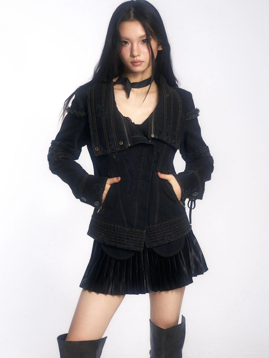 OPEN AESTHETIC Hand Distressed Black Denim Punk Slim Fit Lapel Zip Up Long Sleeve Womens Jacket