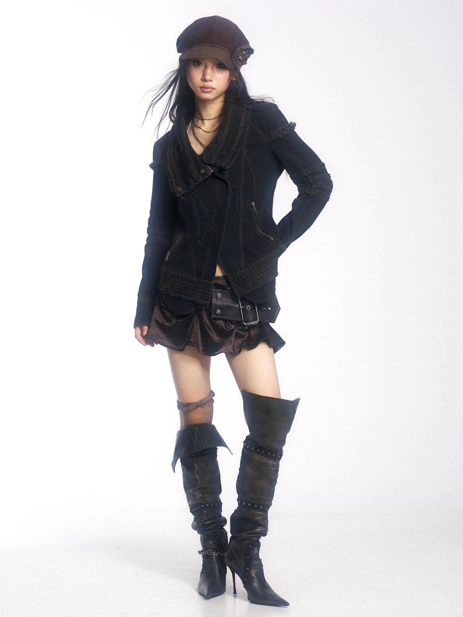 OPEN AESTHETIC Hand Distressed Black Denim Punk Slim Fit Lapel Zip Up Long Sleeve Womens Jacket