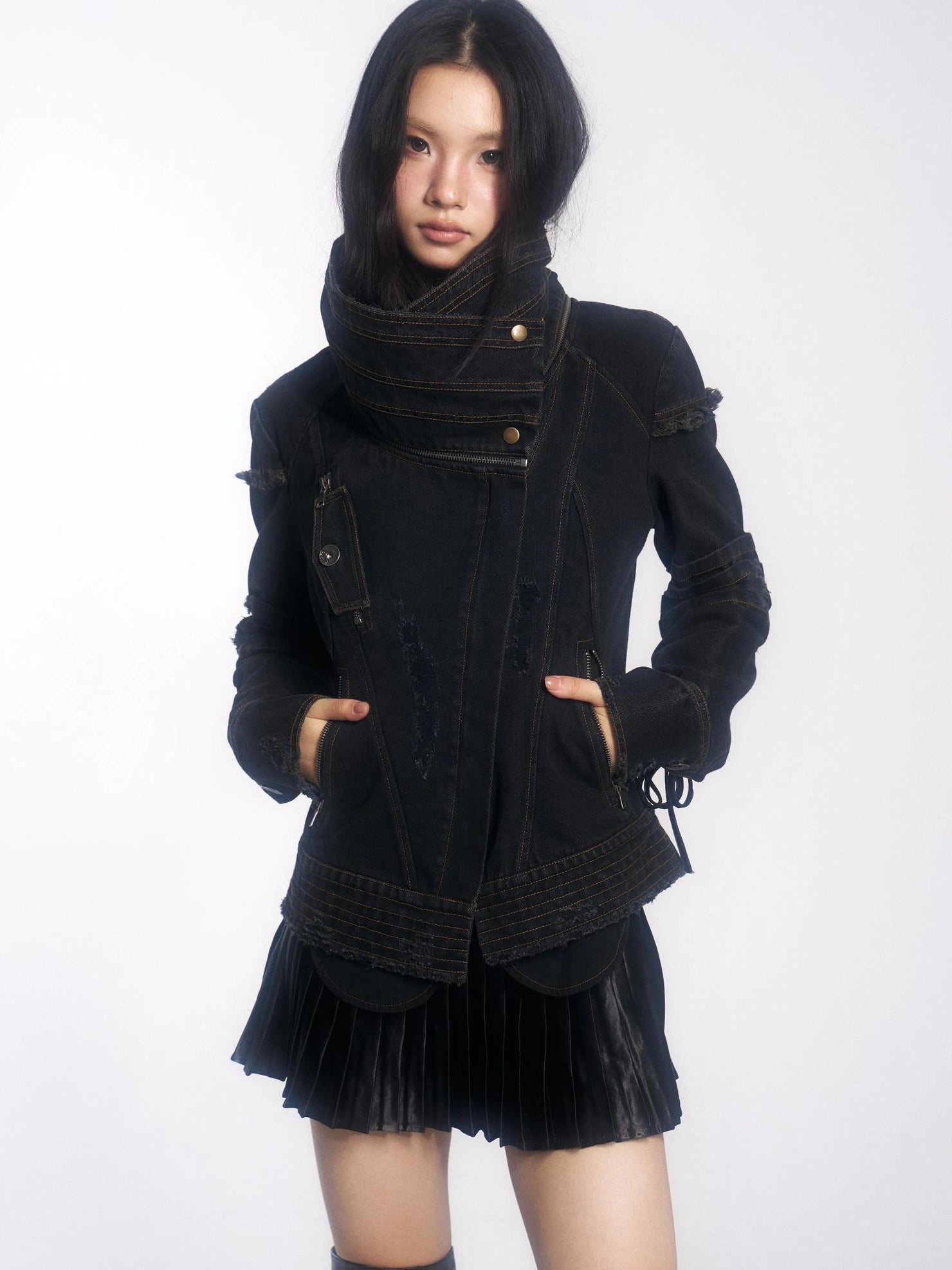 OPEN AESTHETIC Hand Distressed Black Denim Punk Slim Fit Lapel Zip Up Long Sleeve Womens Jacket