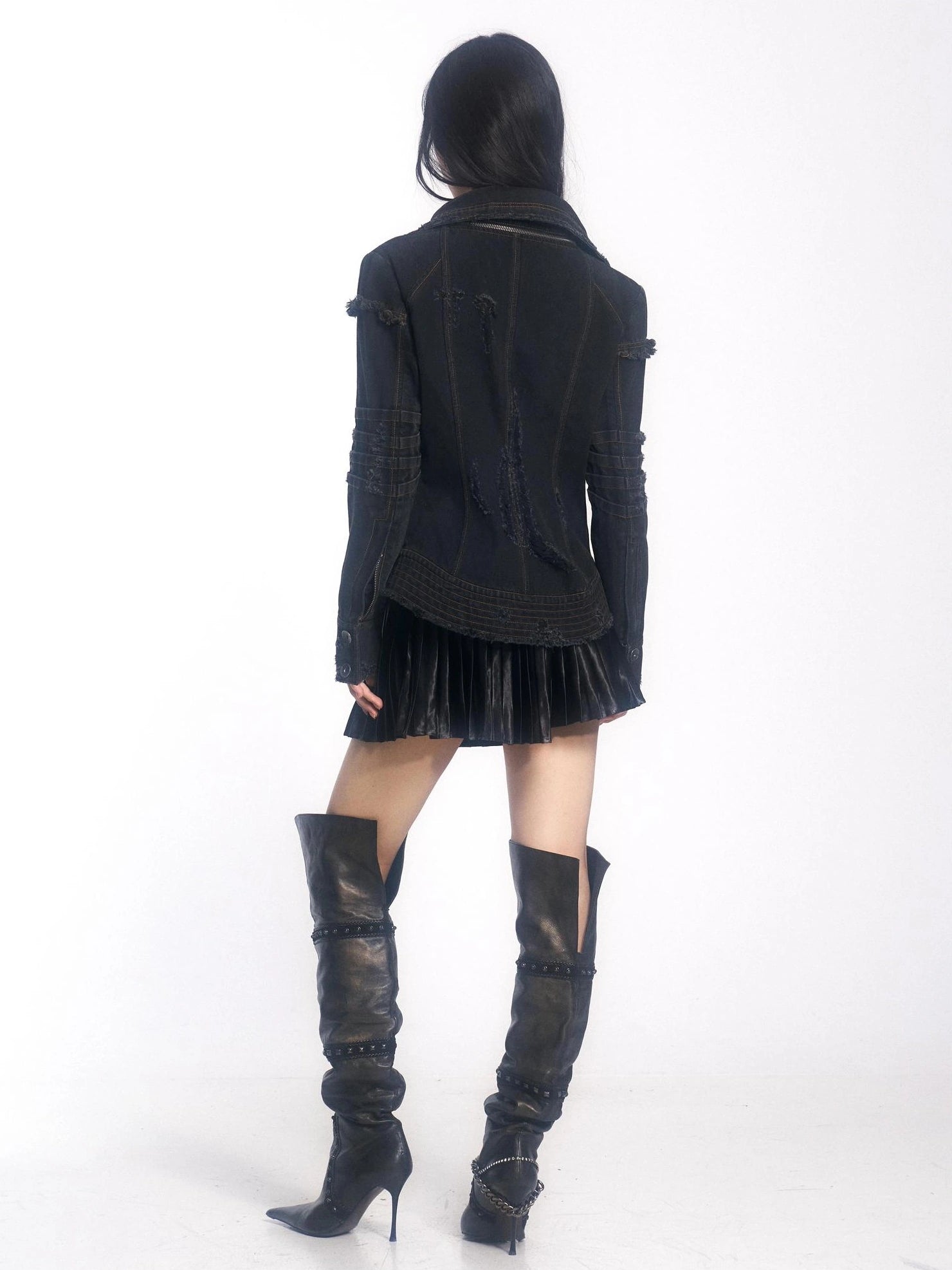 OPEN AESTHETIC Hand Distressed Black Denim Punk Slim Fit Lapel Zip Up Long Sleeve Womens Jacket