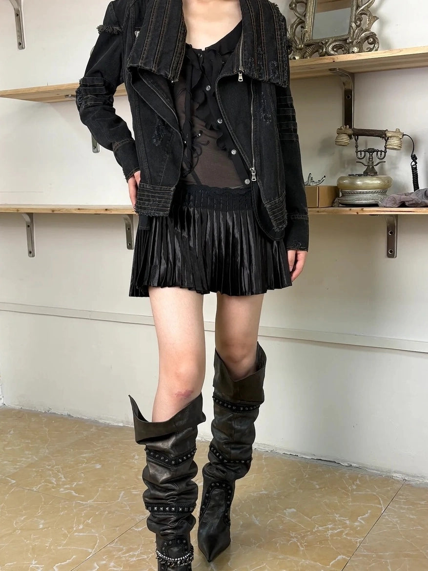 OPEN AESTHETIC Hand Distressed Black Denim Punk Slim Fit Lapel Zip Up Long Sleeve Womens Jacket