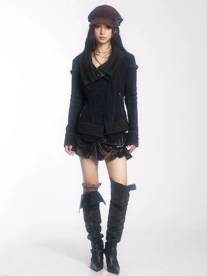 OPEN AESTHETIC Hand Distressed Black Denim Punk Slim Fit Lapel Zip Up Long Sleeve Womens Jacket