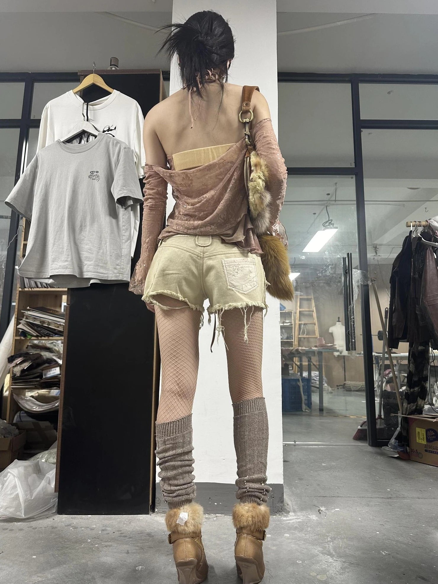 OPEN AESTHETIC Hand Distressed Low Rise Printed Slim Fit Straight Leg Womens Zipper Fly Shorts