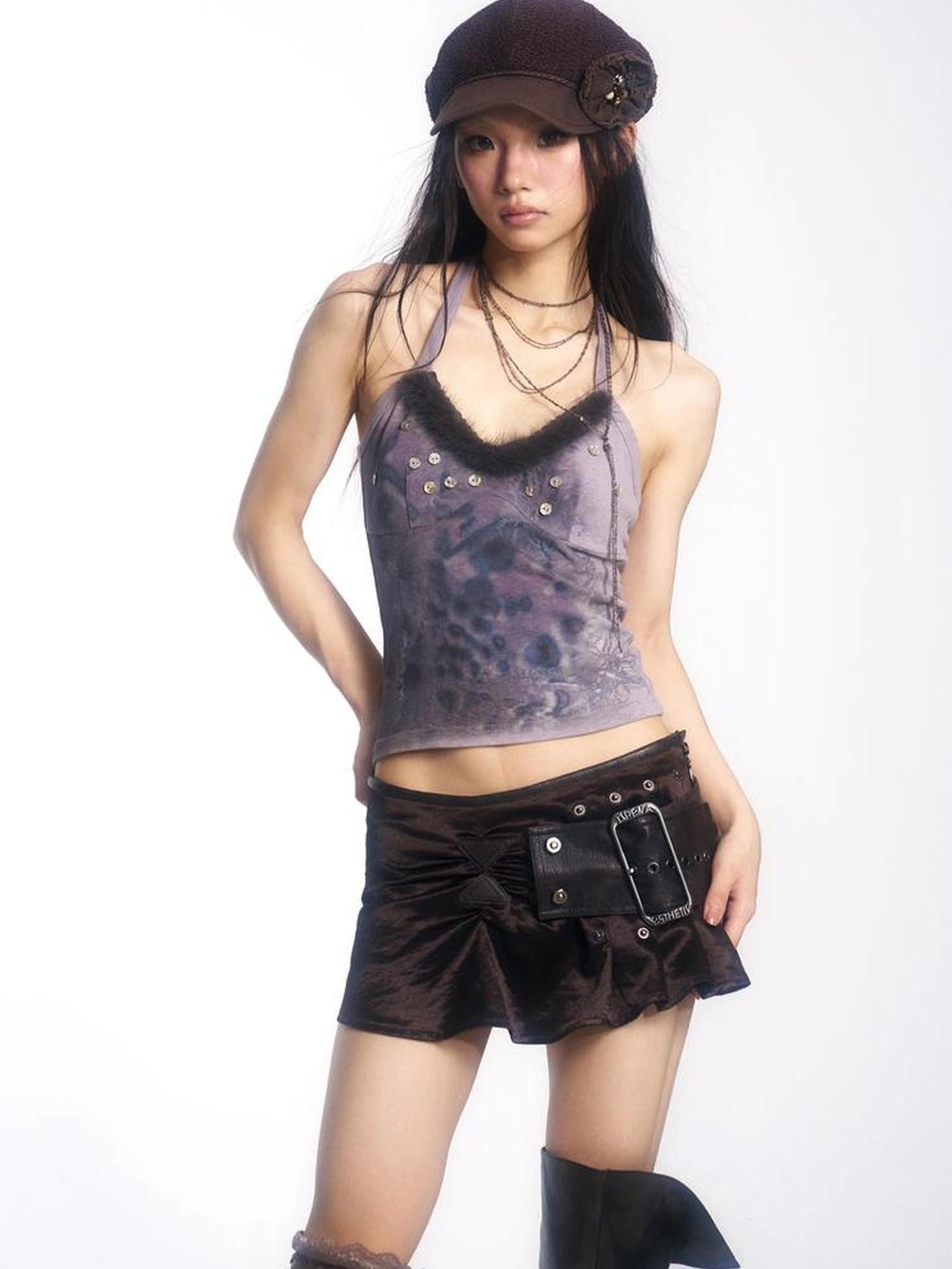 OPEN AESTHETIC High Stretch Sexy Halter V Neck Printed Button Dark Blue Gray Women Tank Top