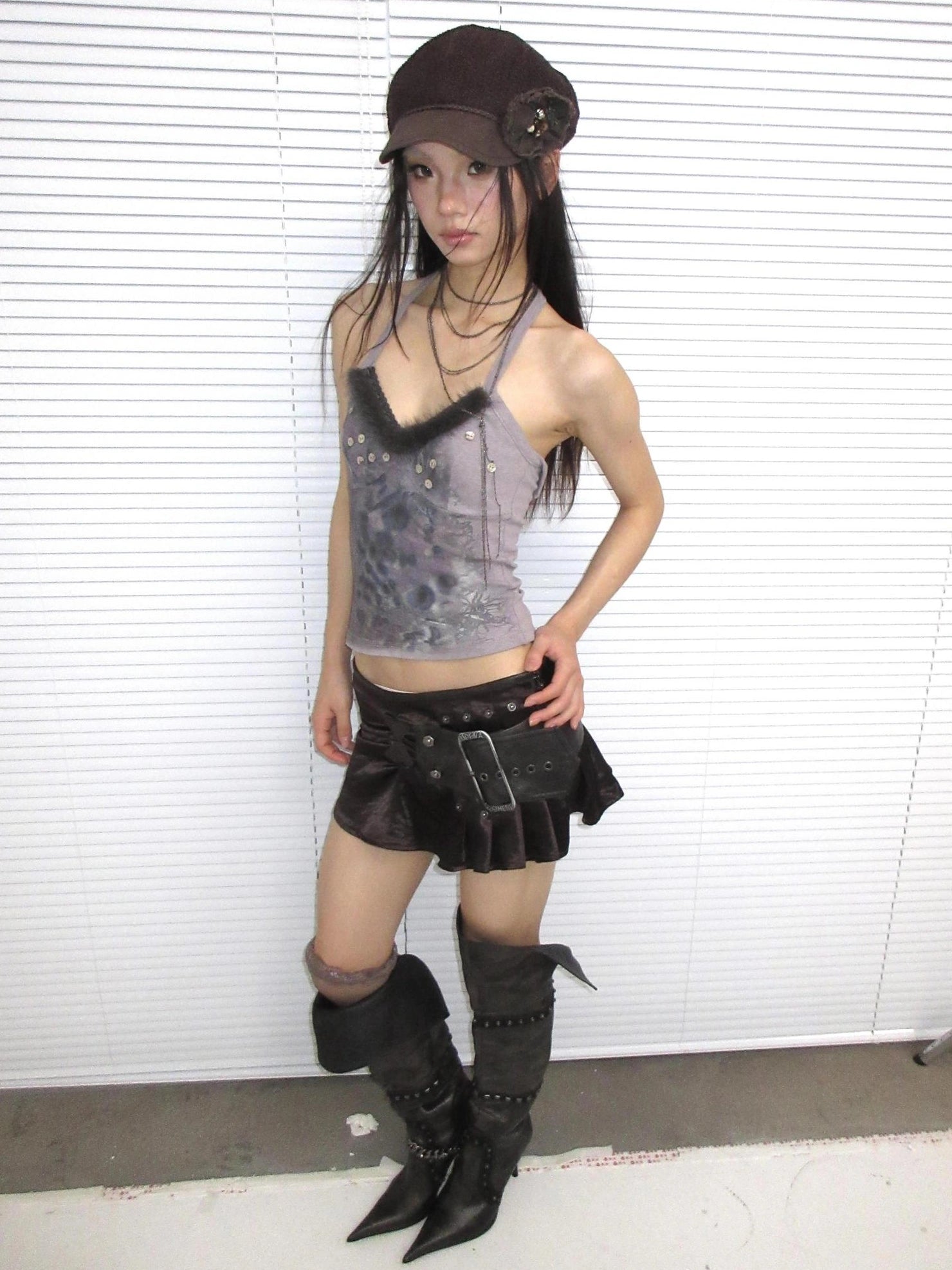 OPEN AESTHETIC High Stretch Sexy Halter V Neck Printed Button Dark Blue Gray Women Tank Top