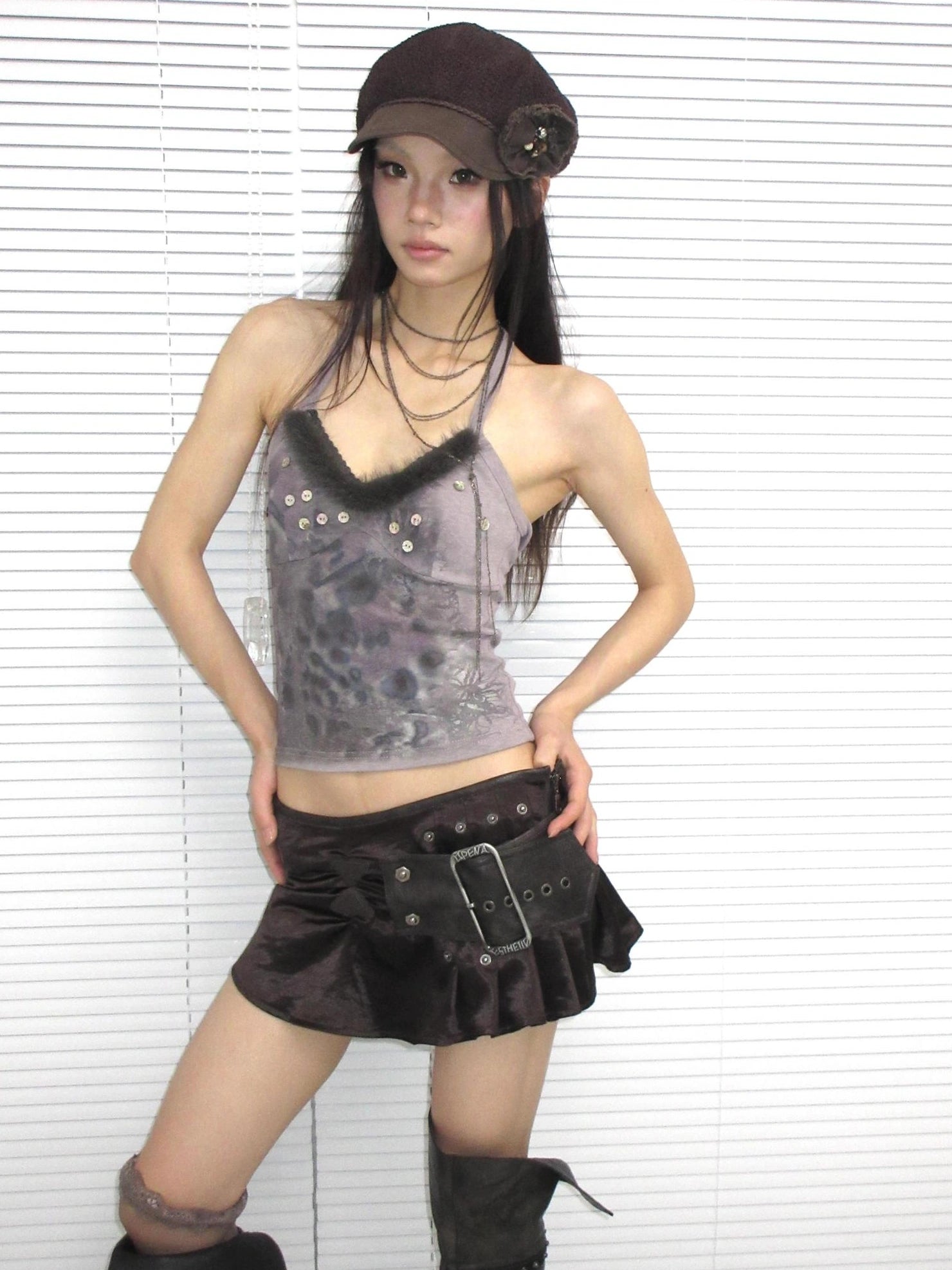 OPEN AESTHETIC High Stretch Sexy Halter V Neck Printed Button Dark Blue Gray Women Tank Top