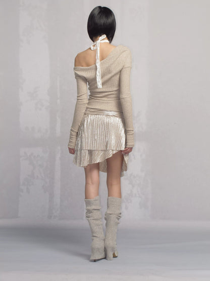 OPEN AESTHETIC High Stretch Slim French Halter Faux Two Piece Knit Casual Khaki Women T-Shirt