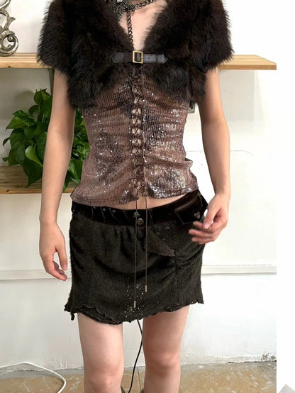 OPEN AESTHETIC High Stretch Vintage Low Rise A Line Distressed Patchwork Knit Women Mini Skirt