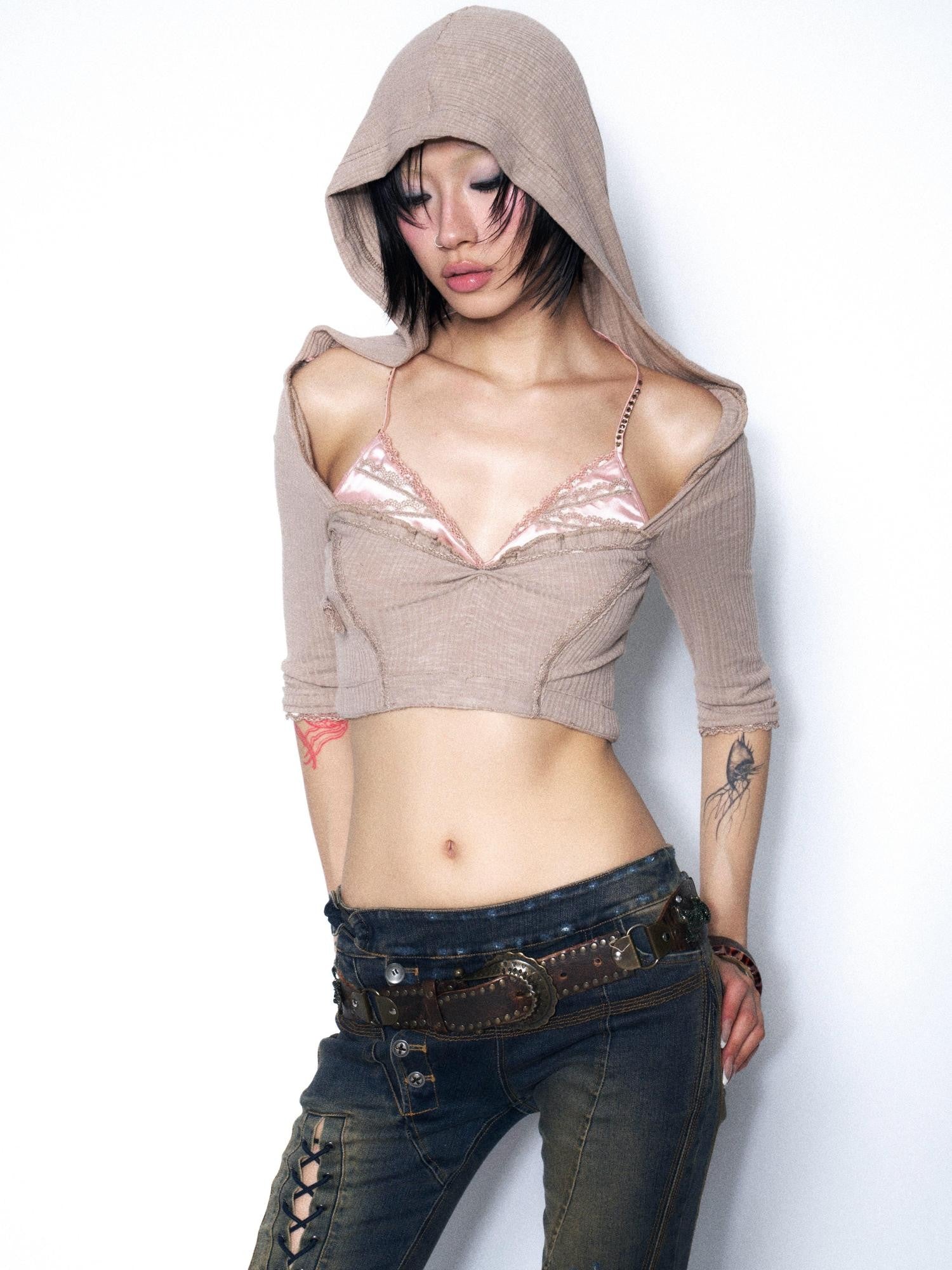 OPEN AESTHETIC Khaki Lace Ruched Halter Hooded Rhinestone Women&