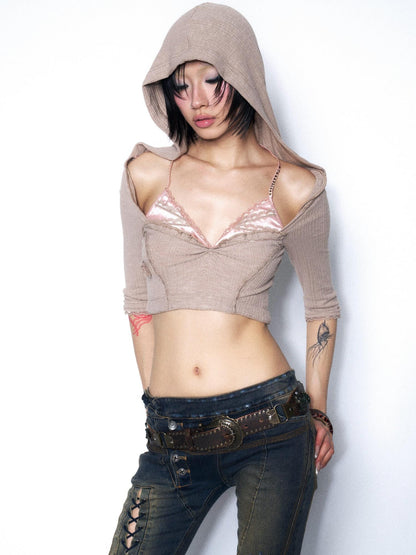 OPEN AESTHETIC Khaki Lace Ruched Halter Hooded Rhinestone Women&