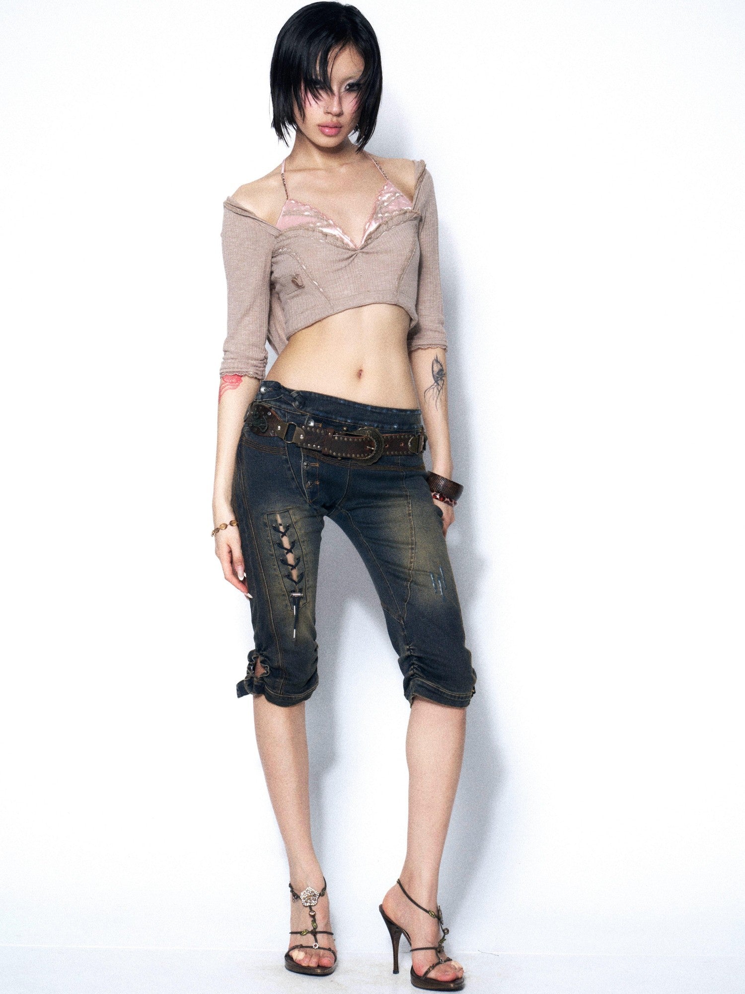 OPEN AESTHETIC Khaki Lace Ruched Halter Hooded Rhinestone Women&