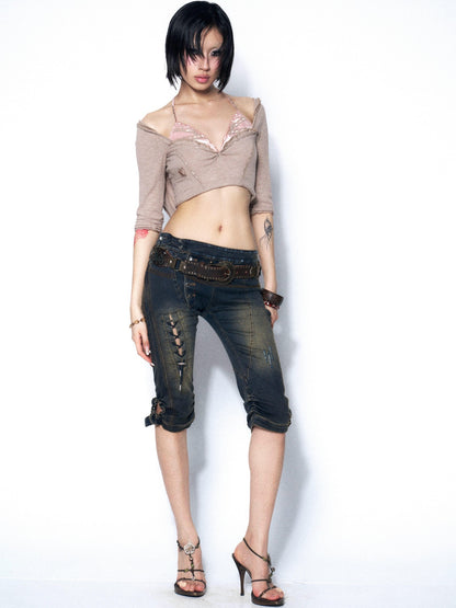 OPEN AESTHETIC Khaki Lace Ruched Halter Hooded Rhinestone Women&