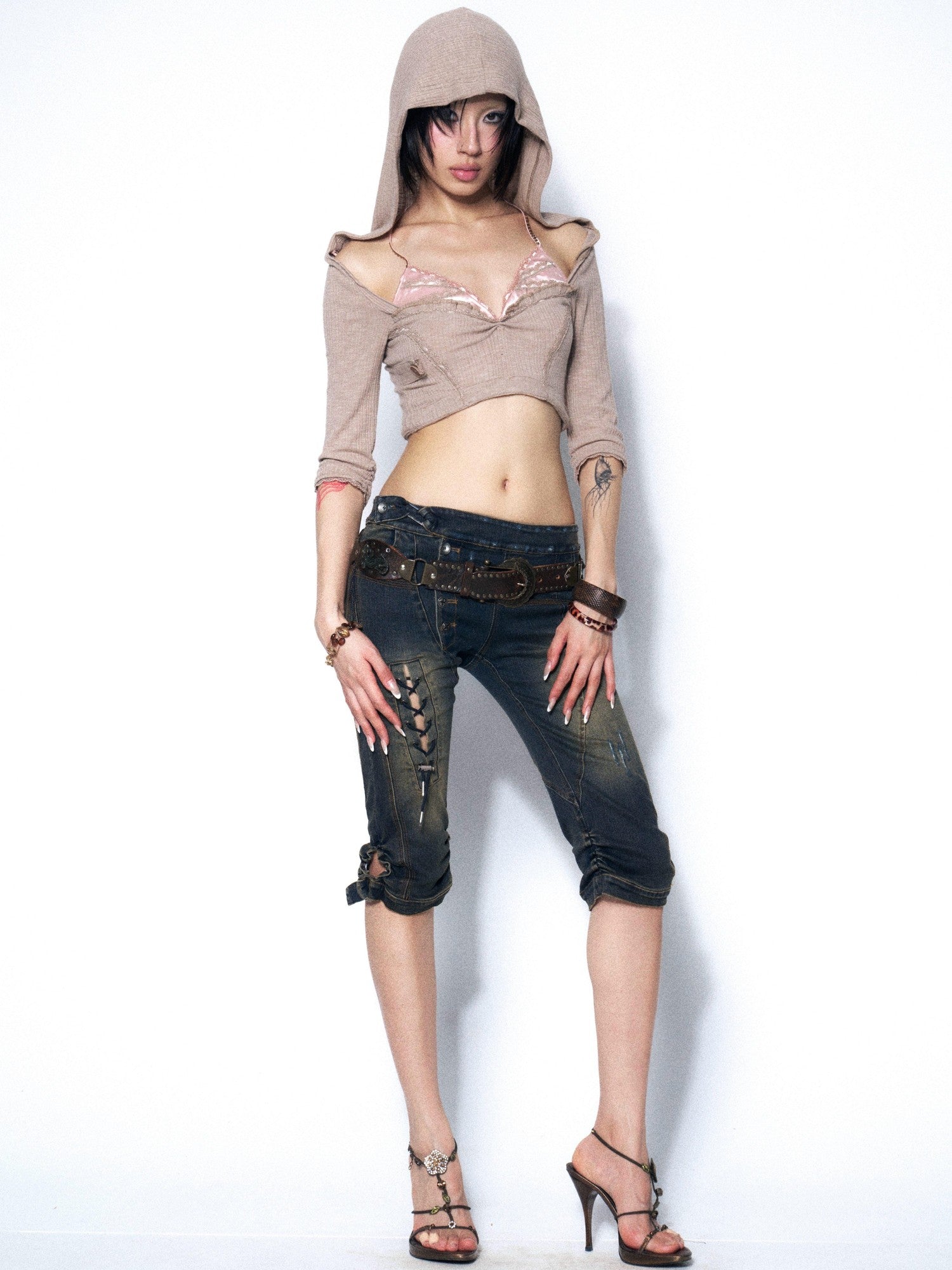 OPEN AESTHETIC Khaki Lace Ruched Halter Hooded Rhinestone Women&