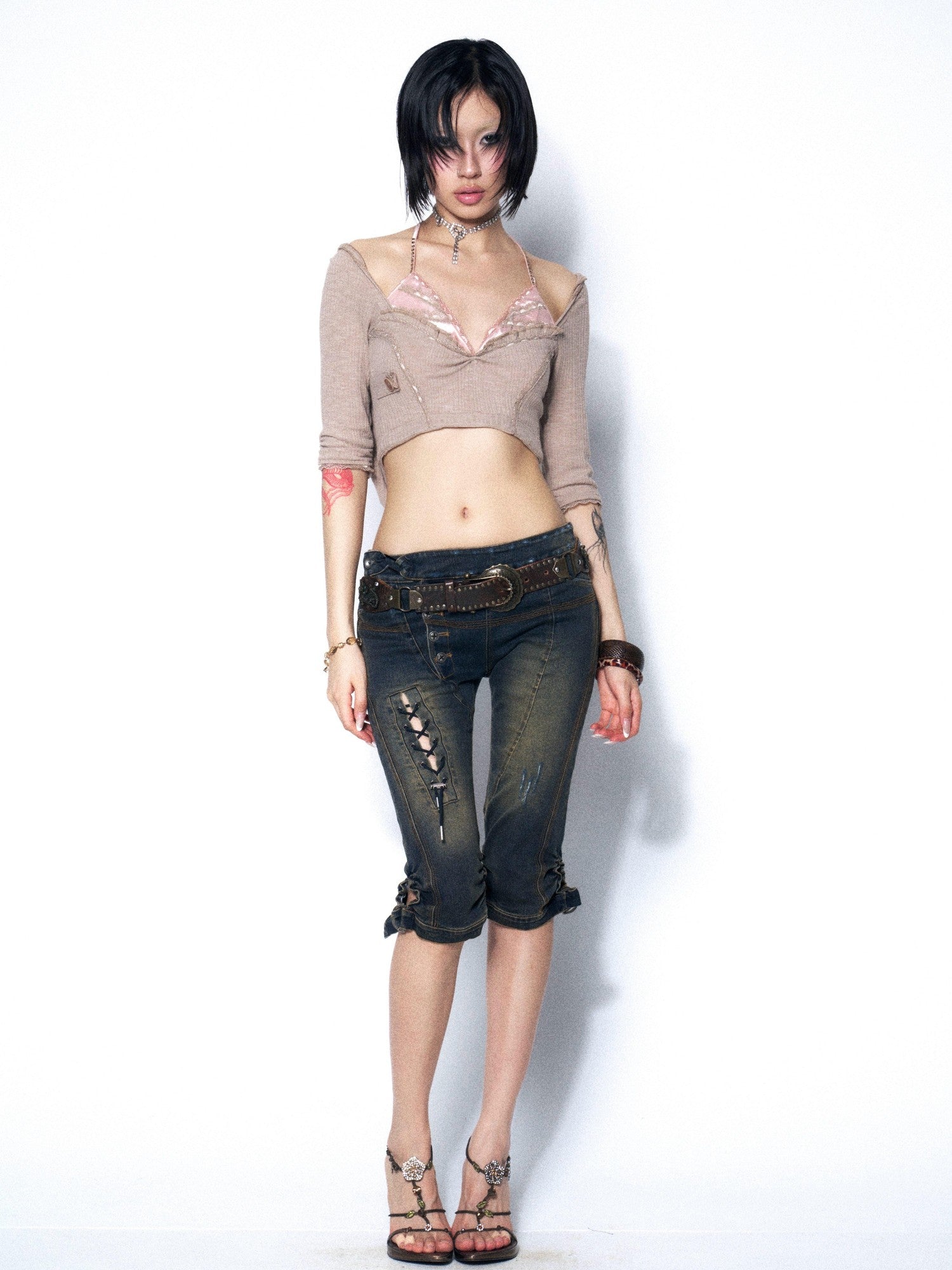OPEN AESTHETIC Khaki Lace Ruched Halter Hooded Rhinestone Women&