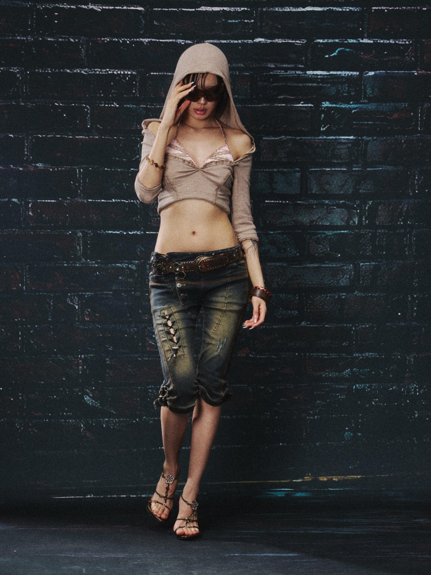 OPEN AESTHETIC Khaki Lace Ruched Halter Hooded Rhinestone Women&