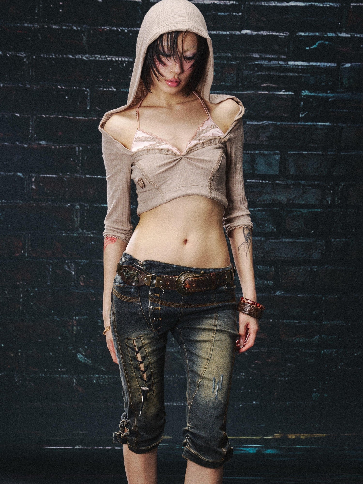 OPEN AESTHETIC Khaki Lace Ruched Halter Hooded Rhinestone Women&