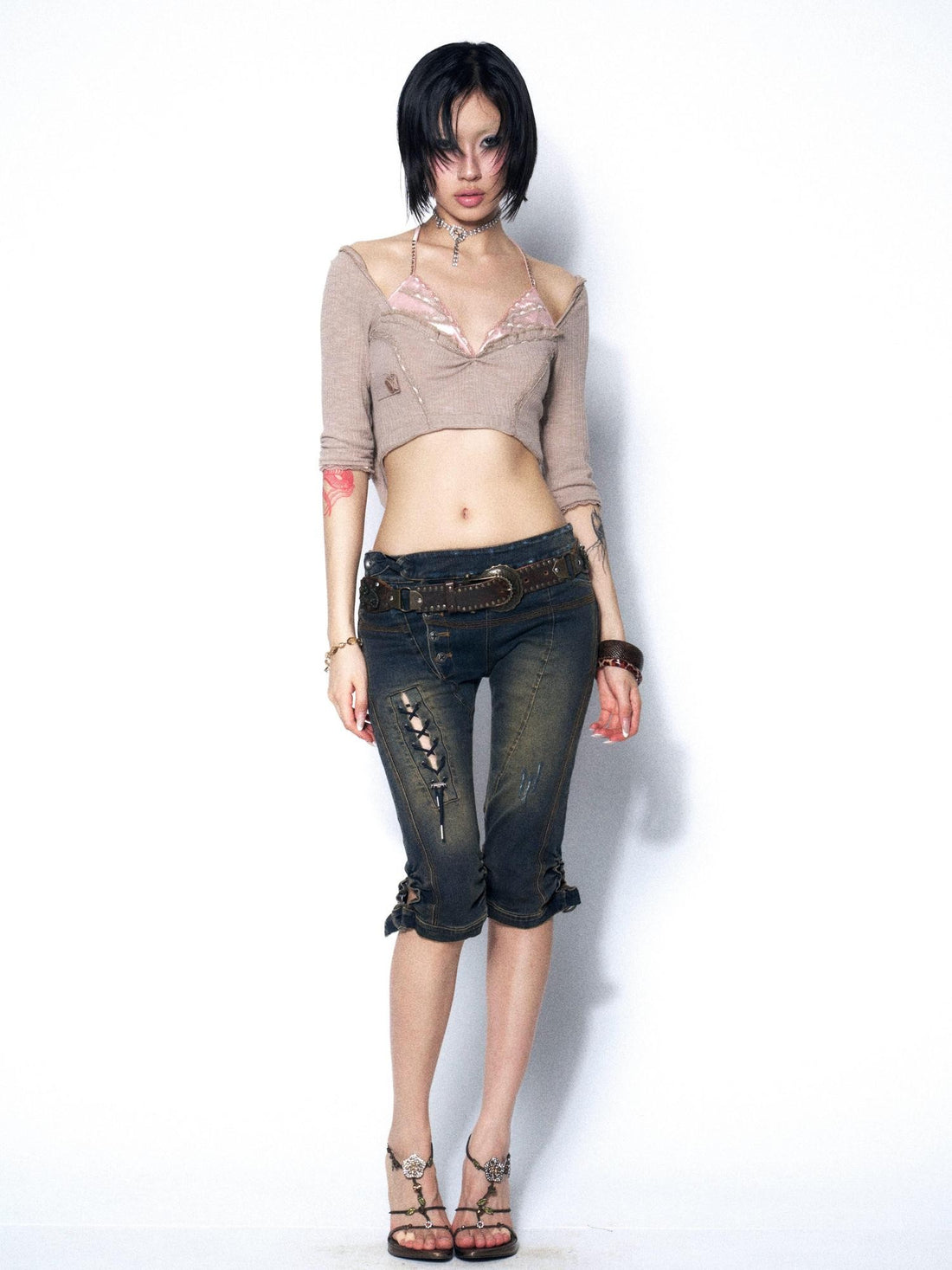 OPEN AESTHETIC Khaki Lace Ruched Halter Hooded Rhinestone Women&