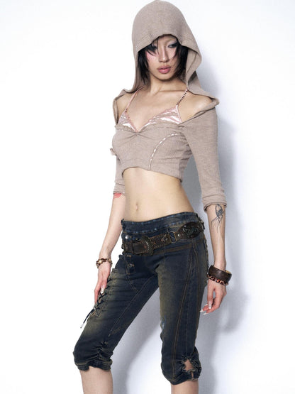 OPEN AESTHETIC Khaki Lace Ruched Halter Hooded Rhinestone Women&