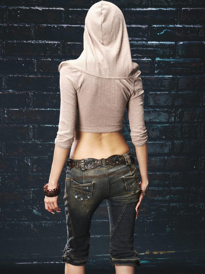 OPEN AESTHETIC Khaki Lace Ruched Halter Hooded Rhinestone Women&
