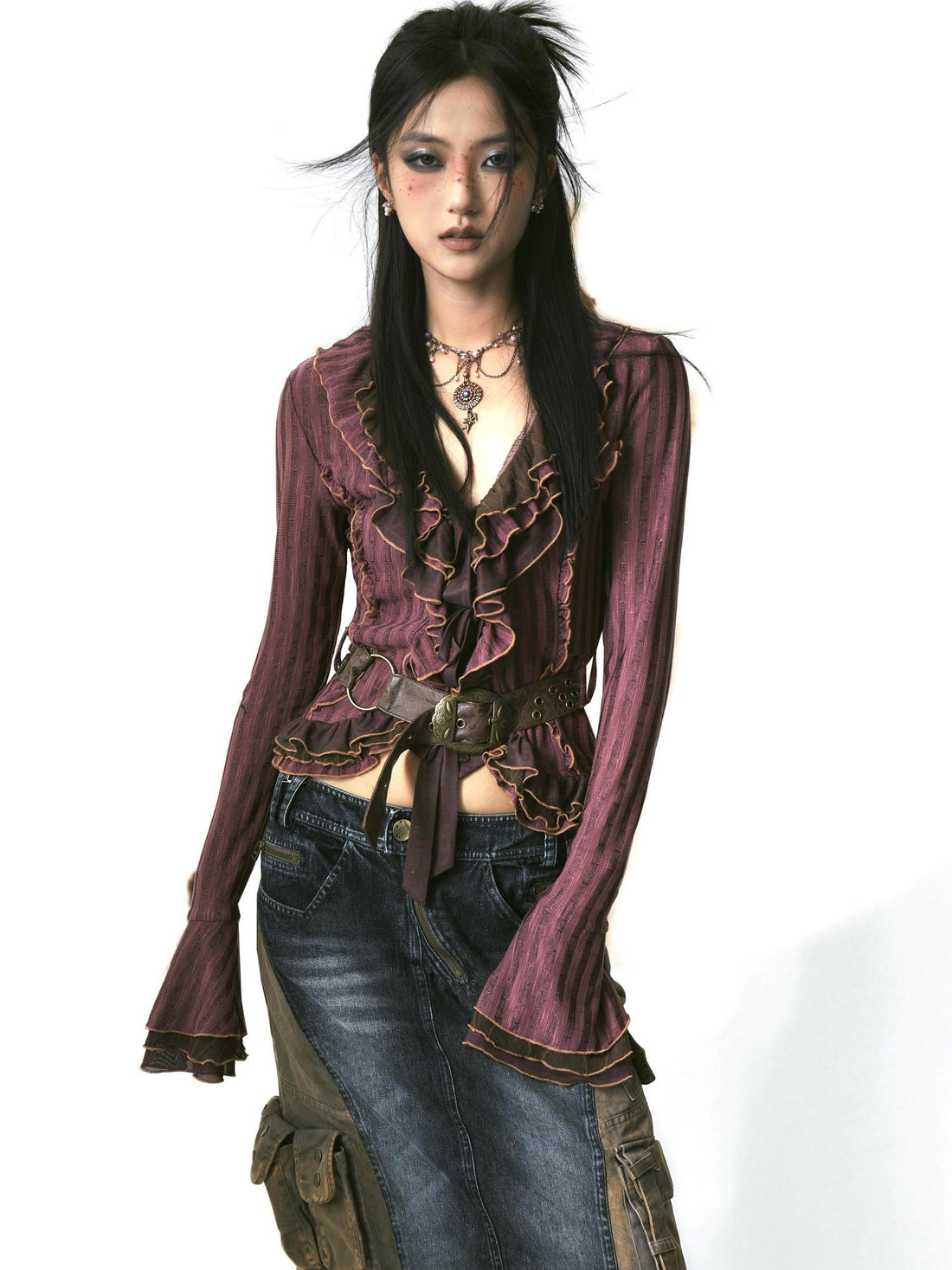 Update OPEN AESTHETIC Layered Mesh Paneled Knit Cardigan with Belt