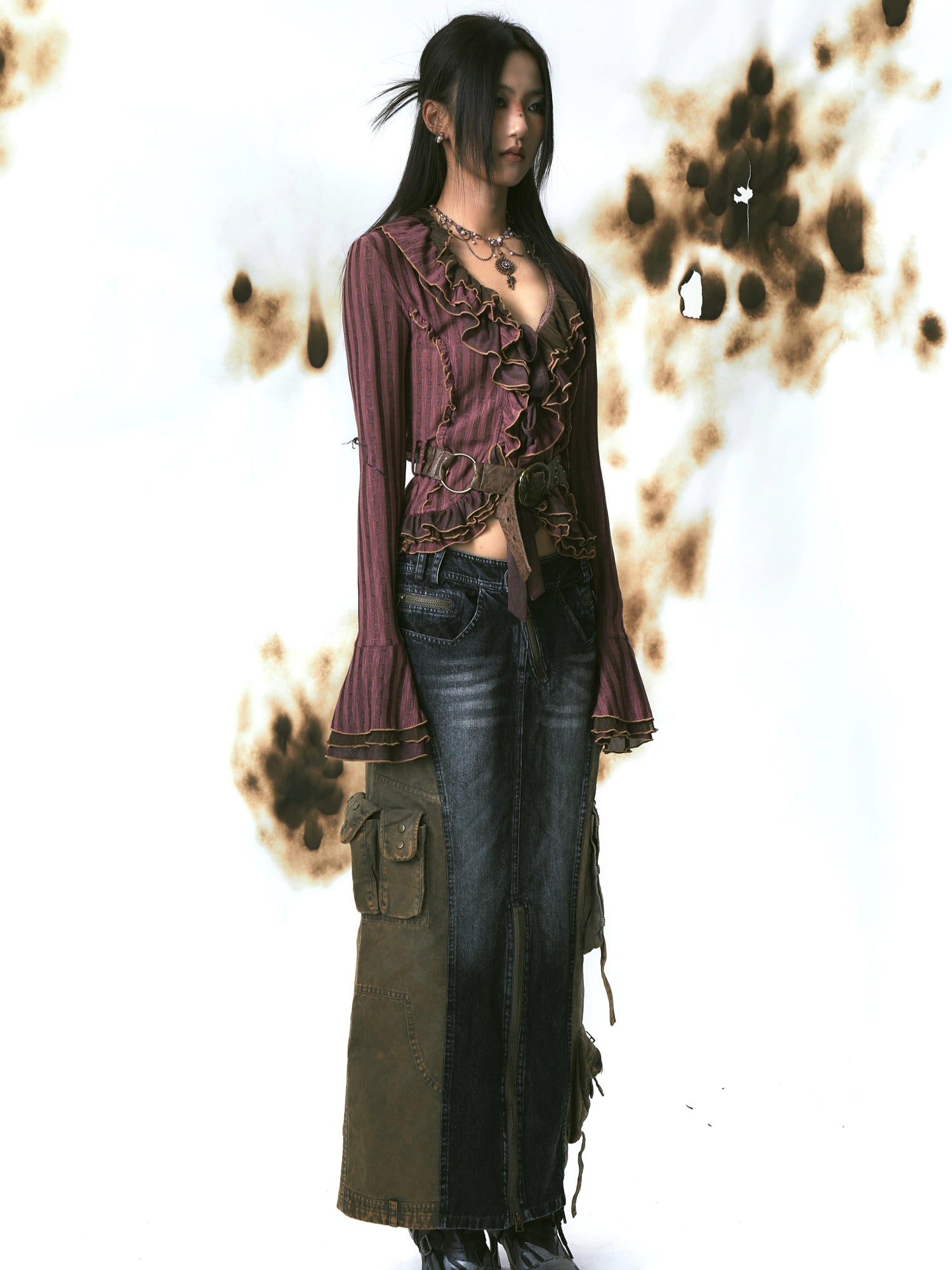 Update OPEN AESTHETIC Layered Mesh Paneled Knit Cardigan with Belt