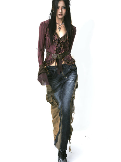Update OPEN AESTHETIC Layered Mesh Paneled Knit Cardigan with Belt