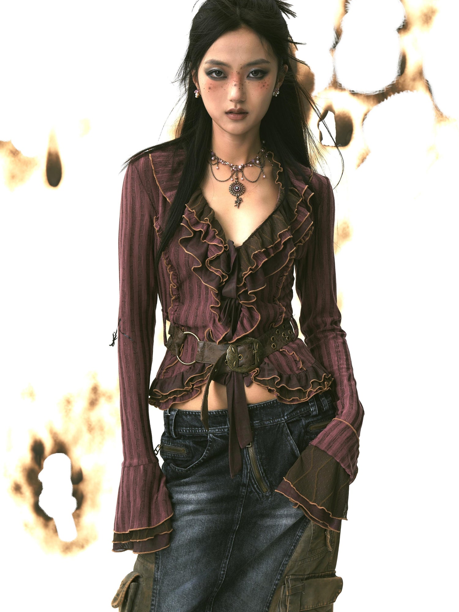Update OPEN AESTHETIC Layered Mesh Paneled Knit Cardigan with Belt