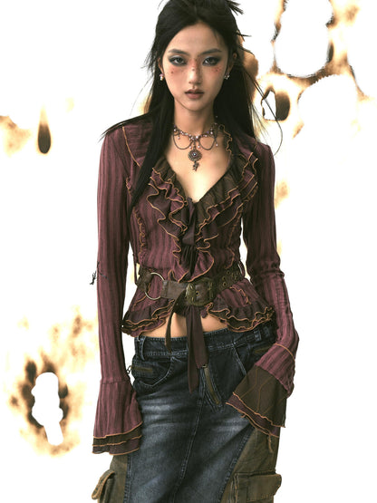 Update OPEN AESTHETIC Layered Mesh Paneled Knit Cardigan with Belt