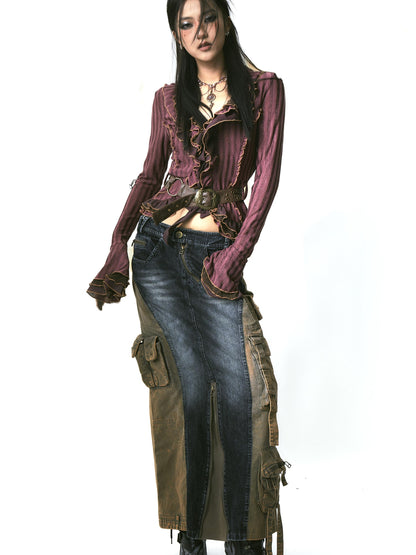 Update OPEN AESTHETIC Layered Mesh Paneled Knit Cardigan with Belt