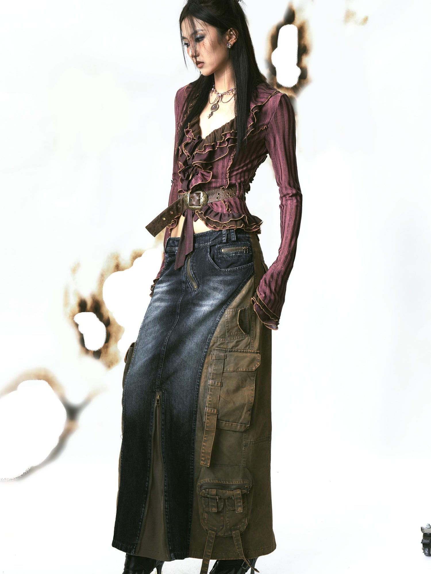 Update OPEN AESTHETIC Layered Mesh Paneled Knit Cardigan with Belt