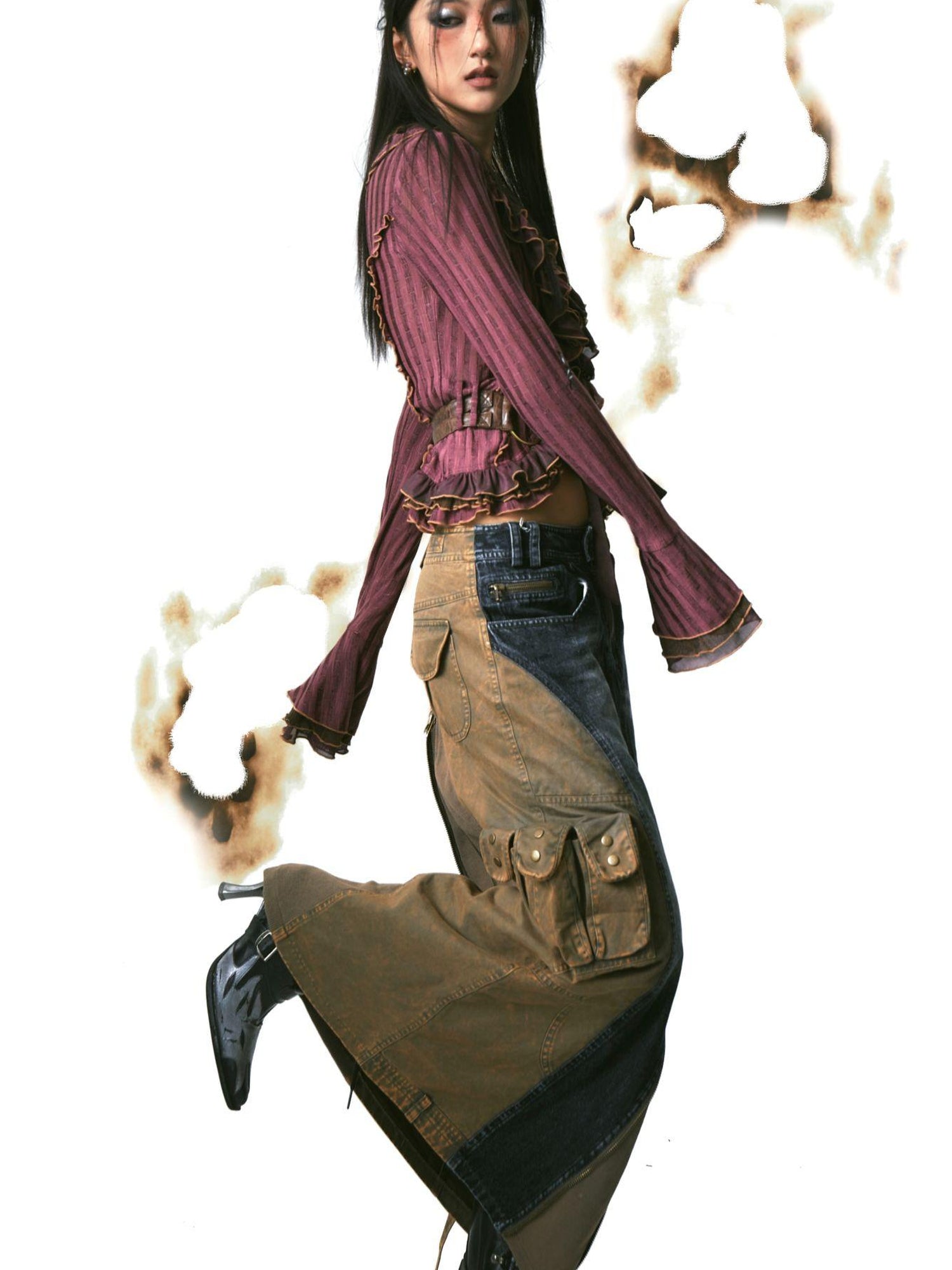 Update OPEN AESTHETIC Layered Mesh Paneled Knit Cardigan with Belt