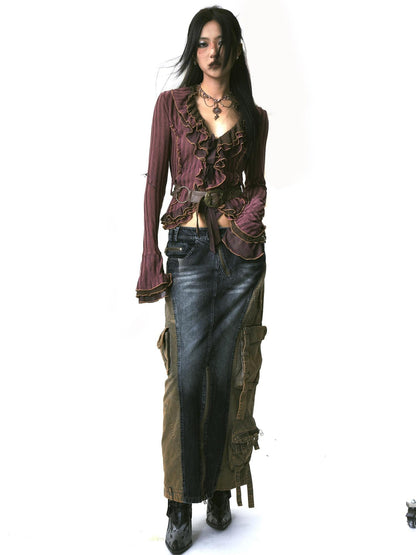 Update OPEN AESTHETIC Layered Mesh Paneled Knit Cardigan with Belt