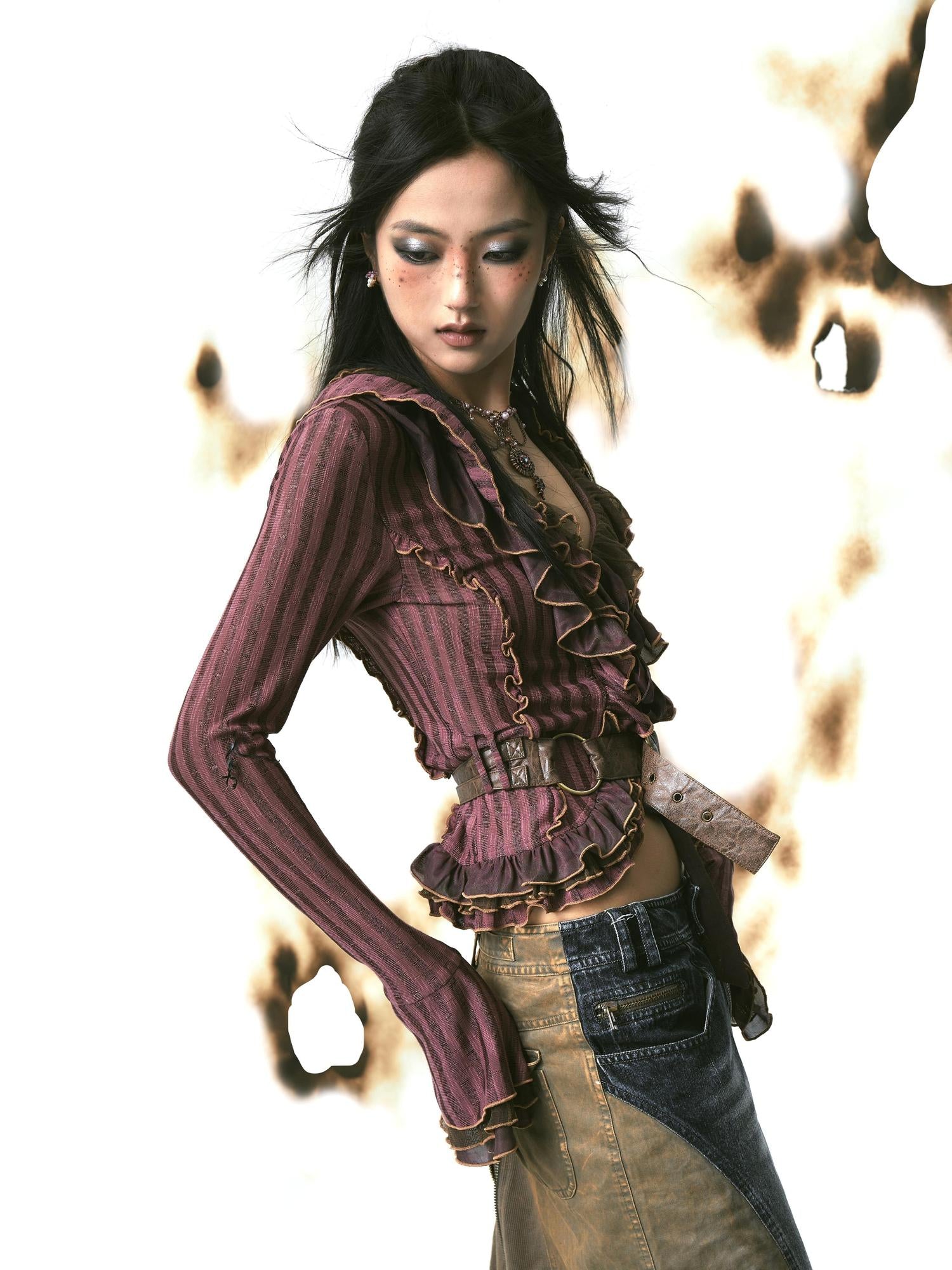 Update OPEN AESTHETIC Layered Mesh Paneled Knit Cardigan with Belt