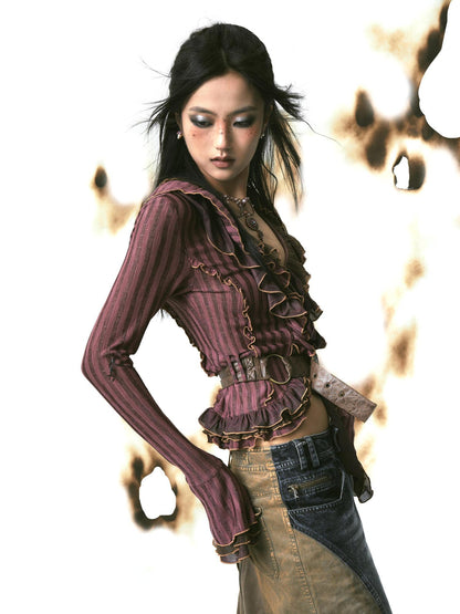 Update OPEN AESTHETIC Layered Mesh Paneled Knit Cardigan with Belt