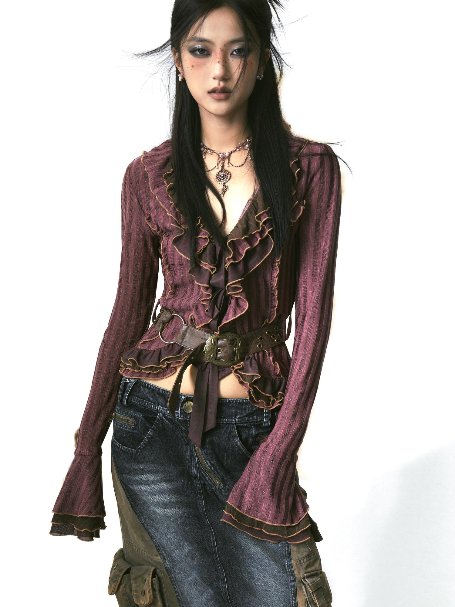 Update OPEN AESTHETIC Layered Mesh Paneled Knit Cardigan with Belt