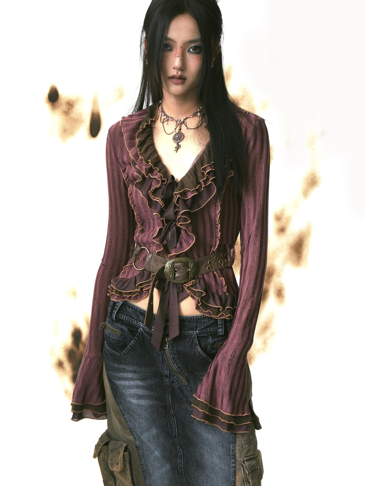 Update OPEN AESTHETIC Layered Mesh Paneled Knit Cardigan with Belt