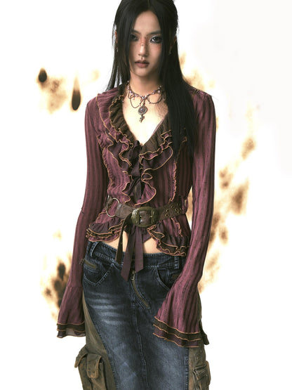 Update OPEN AESTHETIC Layered Mesh Paneled Knit Cardigan with Belt