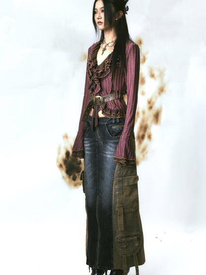 Update OPEN AESTHETIC Layered Mesh Paneled Knit Cardigan with Belt