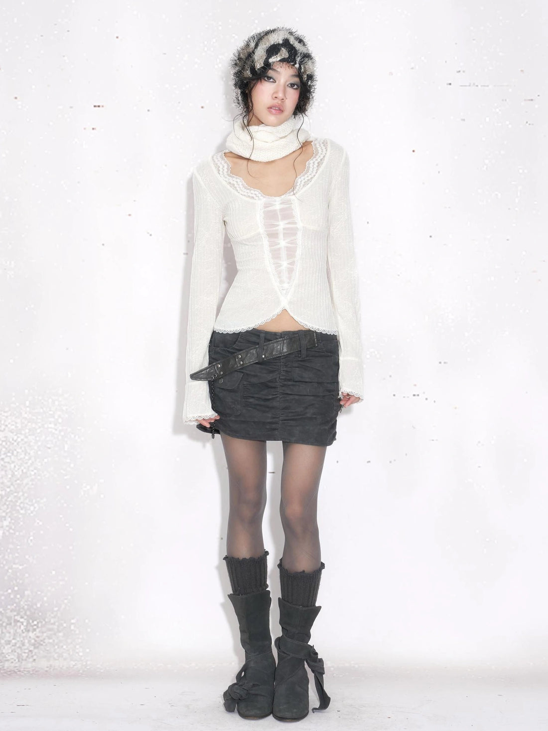 OPEN AESTHETIC Low Rise Bodycon Ruched Pockets Gray Streetwear Women Date Dance Mini Skirt