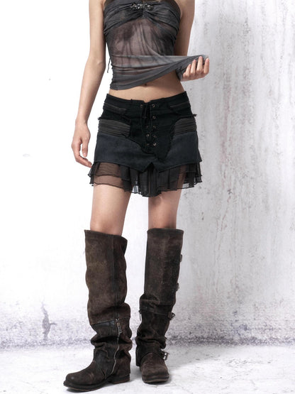 OPEN AESTHETIC Low Rise Double Zipper A Line Slim Fit Vintage Washed Women Casual Mini Skirt