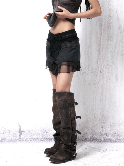 OPEN AESTHETIC Low Rise Double Zipper A Line Slim Fit Vintage Washed Women Casual Mini Skirt