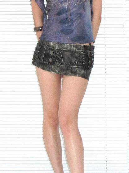 Metal Punk Rivet Embroidered Belt Washed Leather Skort