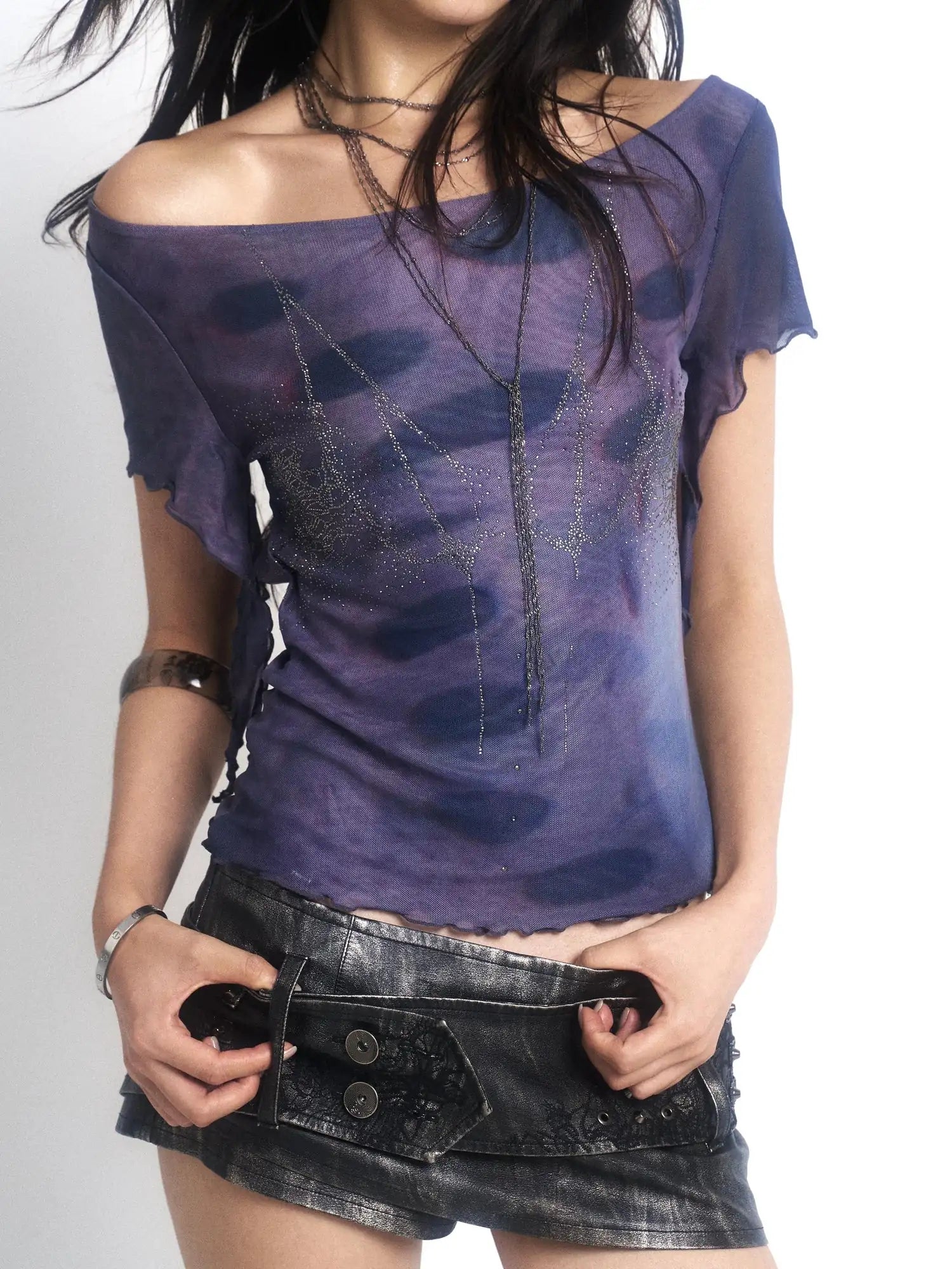 Metal Punk Rivet Embroidered Belt Washed Leather Skort