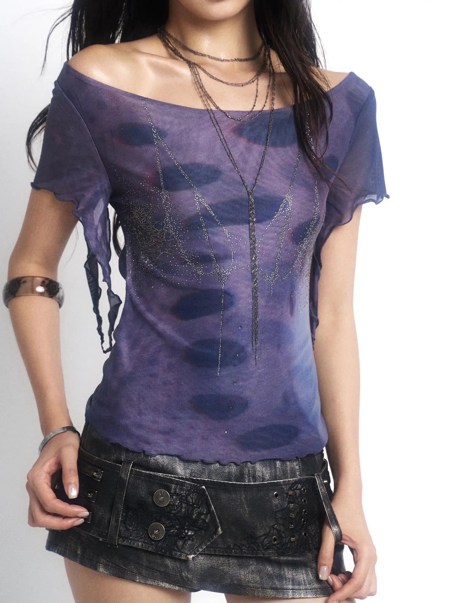 Metal Punk Rivet Embroidered Belt Washed Leather Skort