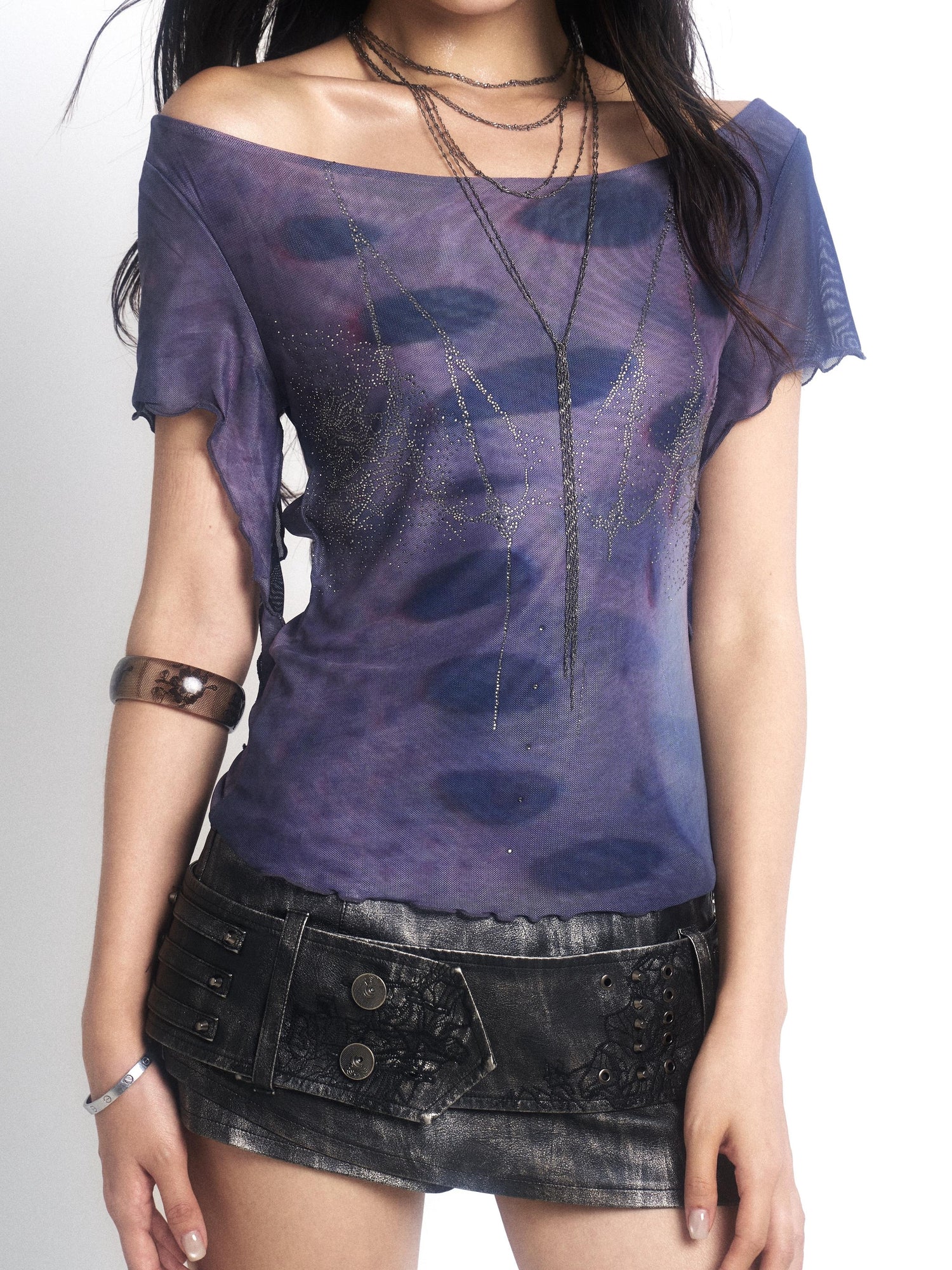 Update OPEN AESTHETIC Metal Punk Rivet Embroidered Belt Washed Leather Skort