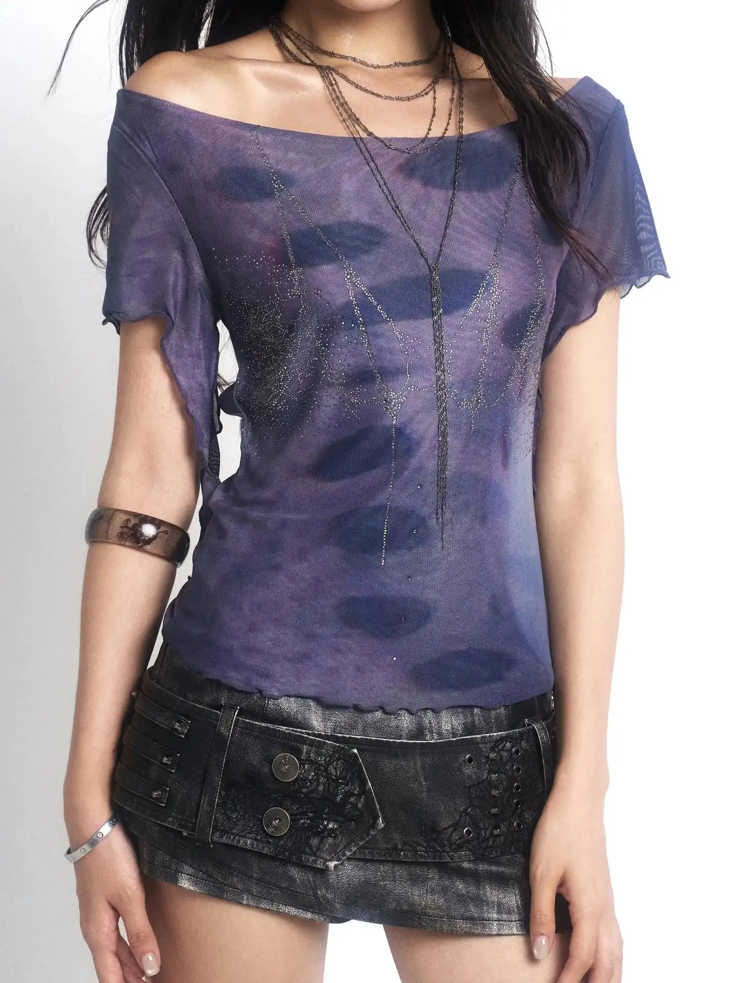 Metal Punk Rivet Embroidered Belt Washed Leather Skort