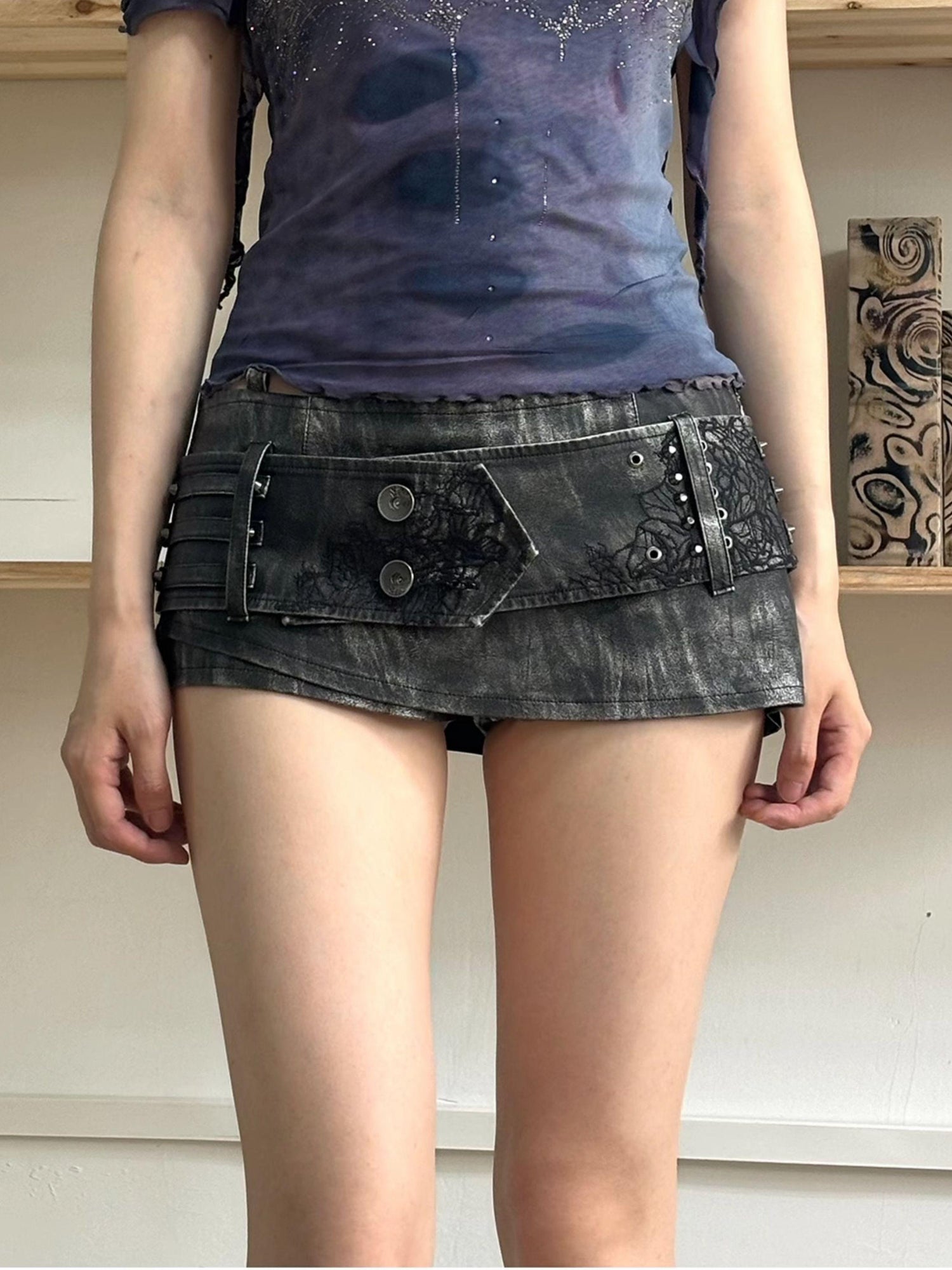 Update OPEN AESTHETIC Metal Punk Rivet Embroidered Belt Washed Leather Skort